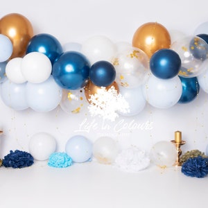 Photography Digital Backdrop Background for Cake Smash, boy sessions, prince,  blue, gold, white, balloon arch, first birthday