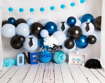Photography Digital Backdrop Background for Cake Smash, boy sessions, blue, black, balloons , first birthday, Boss Baby Theme