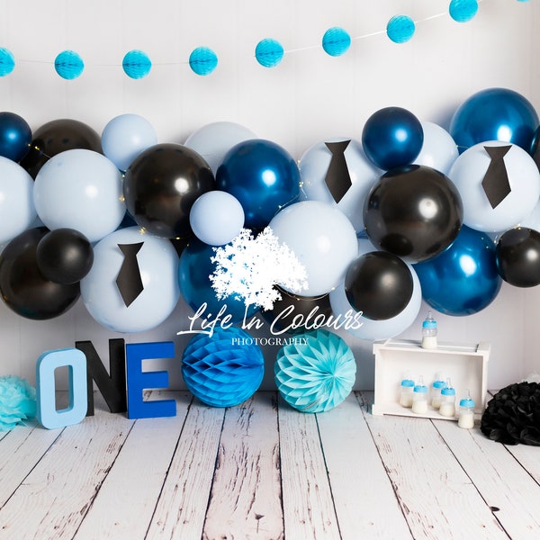 Photography Digital Backdrop Background for Cake Smash, boy sessions, blue, black, balloons , first birthday, Boss Baby Theme