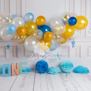 Photography Digital Backdrop Background for Cake Smash, boy sessions, blue,gold, white, balloons , first birthday
