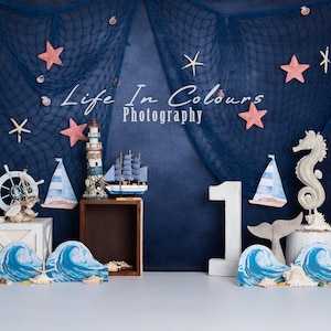 Photography Digital Backdrop (not printed) Background for Cake Smash, boy sessions, blue, ocean, sea, sailor, one, boho, first birthday