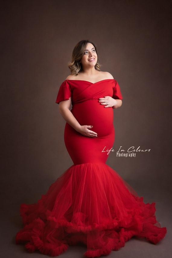 Sesi n fotogr fica premam Vestido para sesiones de fotograf a de embarazo dise o cl sico el stico con volantes tul rojo talla nica