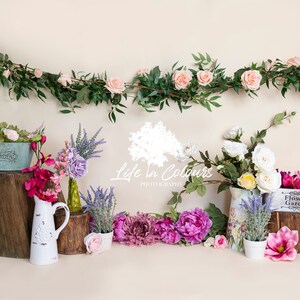 Photography Digital Backdrop Background Cake Smash, First Birthday, Girl Flowers Spring Theme, One