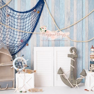 Fotografía Fondo de fondo digital para Cake Smash, sesiones de niño, mar, azul, marinero, pescado, barco, primer cumpleaños