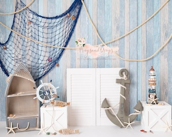 Photography Digital Backdrop Background for Cake Smash, boy sessions, seaside ,  blue, sailor, fish, boat , first birthday