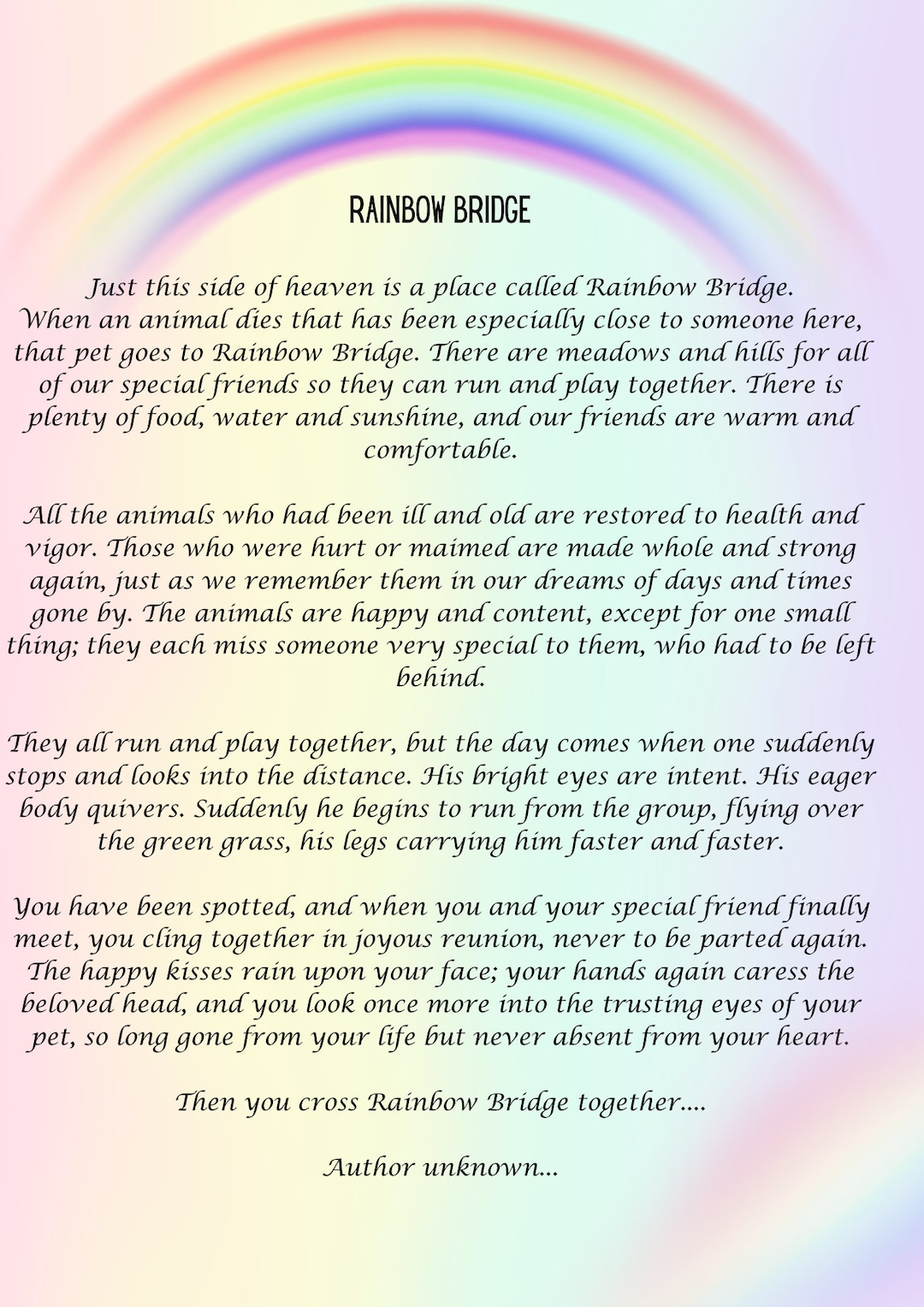 Rainbow Bridge Poem Digital Print - Pet Loss Memorial Print - Sympathy ...