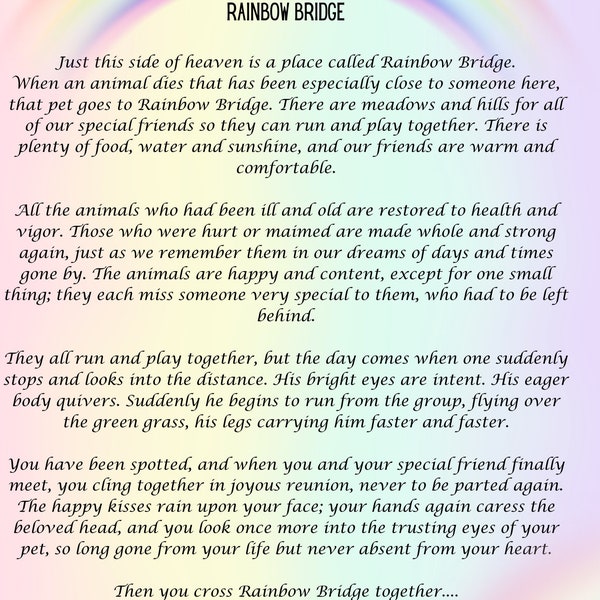 Rainbow Bridge Poem Digital Print - Pet Loss Memorial Print - Sympathy Gift for Bereaved Pet Owners - Instant Download - Love & Remembrance