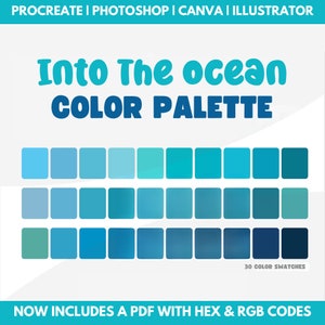 Blue Color Palette, hex codes, rgb codes, procreate swatches, photoshop swatches, illustrator swatches, canva, goodnotes, mermaid palette