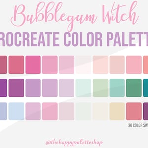 May include: A digital color palette for Procreate, called "Bubblegum Witch", with 30 color swatches in shades of pink, purple, blue, green, and beige. The palette is displayed in a grid format with the text "Bubblegum Witch" and "Procreate Color Palette" at the top.