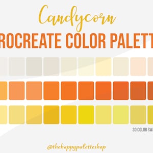 May include: Candycorn Procreate Color Palette with 30 color swatches in shades of white, orange, and yellow.  The palette is designed for digital artists using the Procreate app.
