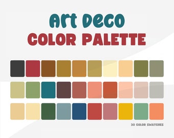 Paleta de colores Art Déco, códigos hexadecimales, códigos rgb, muestras de procreación, muestras de photoshop, muestras de ilustrador, canva, paleta de colores estética