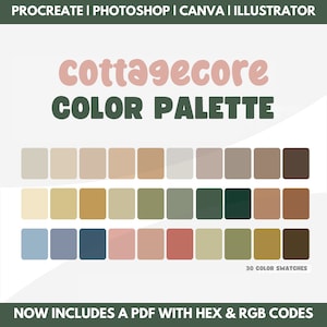 Cottagecore Color Palette with Hex codes & rgb codes, nature procreate swatches, photoshop swatches, illustrator swatches, canva, goodnotes