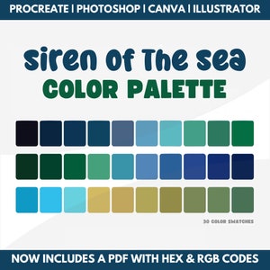 Ocean Color Palette, hex codes, rgb codes, procreate swatches, photoshop swatches, illustrator swatches, canva, goodnotes, mermaid colors