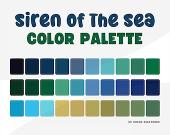 Może przedstawiać: Paleta kolorów inspirowana morzem, z 30 wzorami kolorów w odcieniach niebieskiego, zielonego i brązowego. Paleta nosi tytuł "siren of The sea COLOR PALETTE".