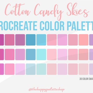 May include: A digital Procreate colour palette titled "Cotton Candy Skies" with 30 colour swatches. The palette features a range of pinks, purples, and blues, ideal for digital art. The text "PROCREATE COLOR PALETTE" is in blue.