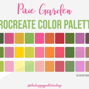 Può includere: Una tavolozza di colori digitale per Procreate con 30 campioni di colore. La tavolozza presenta una varietà di verdi, rosa, gialli e marroni. Il testo "Pixie Garden" e "Procreate Color Palette" è visualizzato nella parte superiore dell'immagine. Il testo "30 Color Swatches" è visualizzato nella parte inferiore dell'immagine. Il testo "@thehappypaletteshop" è visualizzato nella parte inferiore dell'immagine.