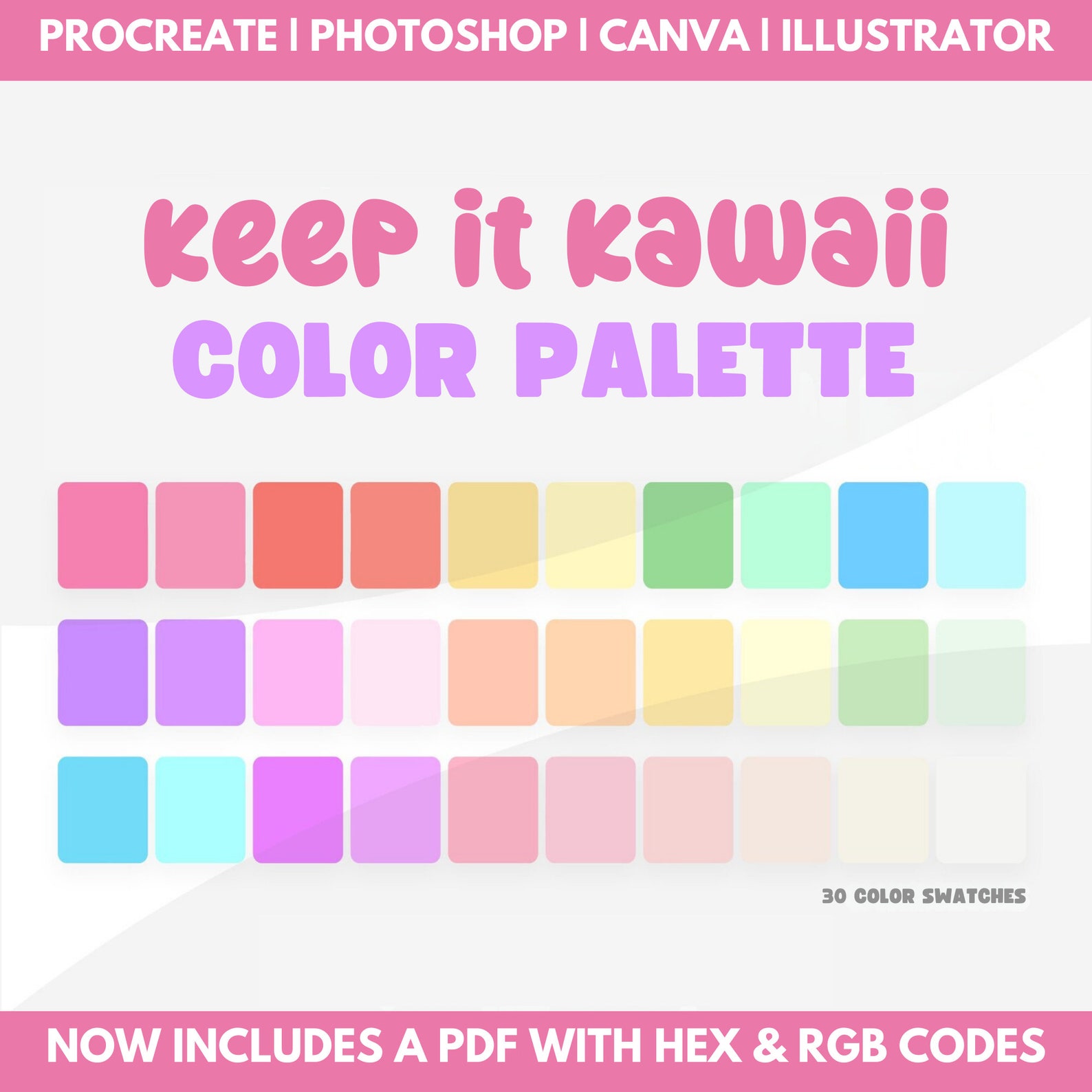 Kawaii Color Palette With Hex Codes, Rainbow Color Palette, Procreate ...