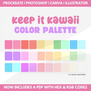 Kawaii Color Palette with hex codes, rainbow color palette, procreate, photoshop swatches, illustrator swatches, canva, brand color palette