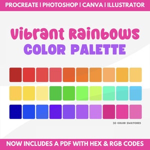 Rainbow Color Palette with Hex codes & rgb codes, procreate swatches, photoshop swatches, illustrator, canva, goodnotes, cute color palette