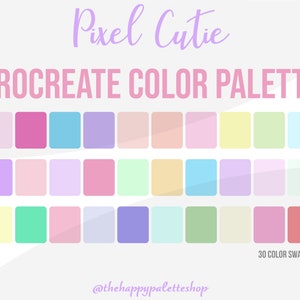 May include: A digital color palette for Procreate with 30 pastel color swatches. The palette is called "Pixel Cutie" and is designed for use in digital art and design.