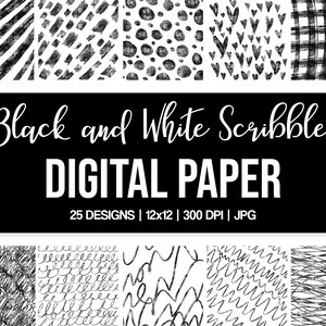 May include: A set of 25 digital paper designs featuring black and white scribbles. The designs include various patterns such as stripes, dots, hearts, and plaid. The papers are 12x12 inches and 300 DPI.