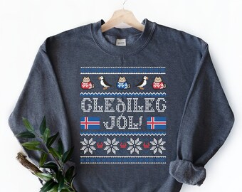 Gledileg Jol Sweatshirt, Icelandic Ugly Christmas Sweater, Yule Cat Jolakotturinn Crewneck, Iceland Heritage Holiday Gift