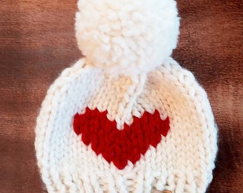 Knit Off-white Heart Baby Beanie Hat, Knit Red Heart Pompom Hat, Knitted Off-white Cap, Knit Red Heart Toque