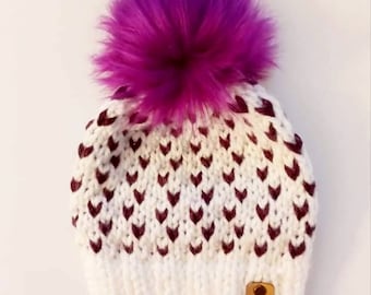 Knit White and Purple  Beanie Hat, Knit White and Purple Faux Fur Pompom Beanie, Knit White Cap, Knit White Toque, Adult