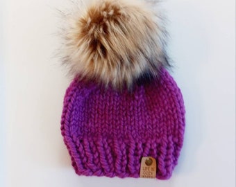 Knit Purple Baby Beanie Hat, Knit Purple Pompom Hat, Knitted Purple Cap, Knit Purple Toque