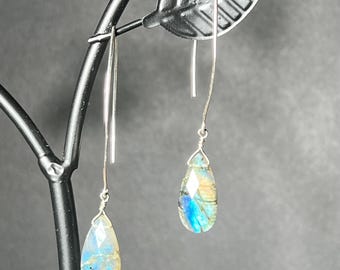 Teardrop Labradorite Earrings: Sterling Silver, Minimalist Boho Style