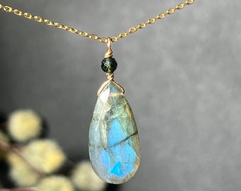 Teardrop Labradorite Necklace: Gold plated Wire Wrapped Pendant