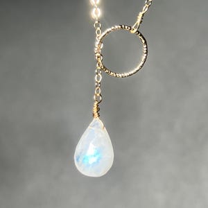 Gold Filled Lariat Necklace: Rainbow Moonstone Teardrop, Adjustable Length