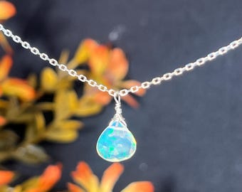 Ethiopian Opal Sterling Silver Necklace: Dainty Heart Pendant