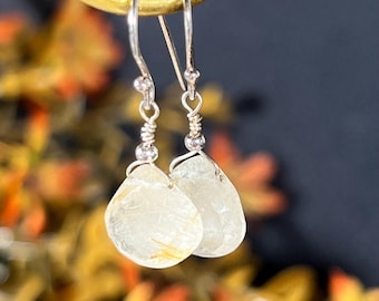 Golden Rutilated Quartz Heart Crystal Dangle Earrings, Gold Filled Wire Wrapped