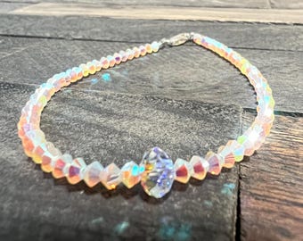 Handmade Aurora Borealis Swarovski Crystal Bracelet: Sterling Silver Clasp