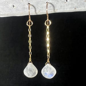 Heart Moonstone Drop Earrings: Dainty Gold Filled Chain