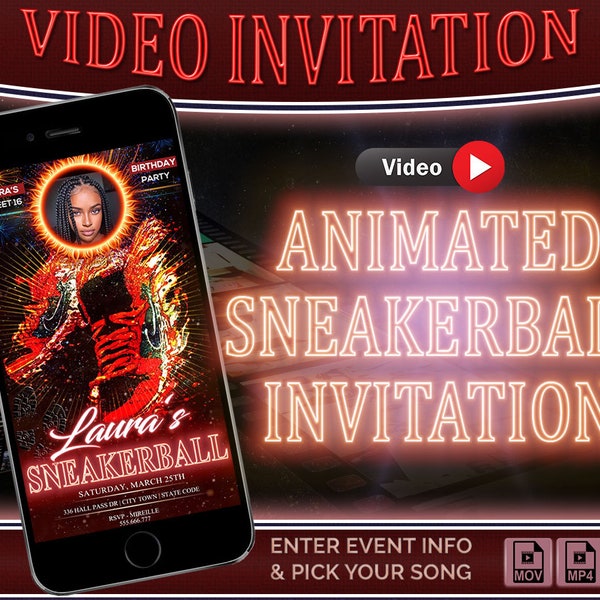 Sneaker Ball Video Invitations, Sneaker Ball Sweet 16 Invitation, Sneaker Ball Birthday Party Invitations