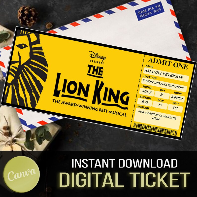 The LION KING Broadway Gift Ticket, Editable Personalised Musical