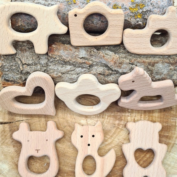 Wooden Animal Teether Natural Beech Wood Unfinished Baby Teething