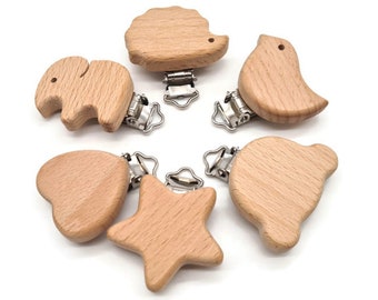 Clip de madera de haya Clip de cadena con forma de animal para cochecito clip de madera de haya natural