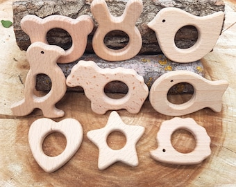 Animal Shape Wooden Teether Natural Unfinished Beech Wood Teether Baby