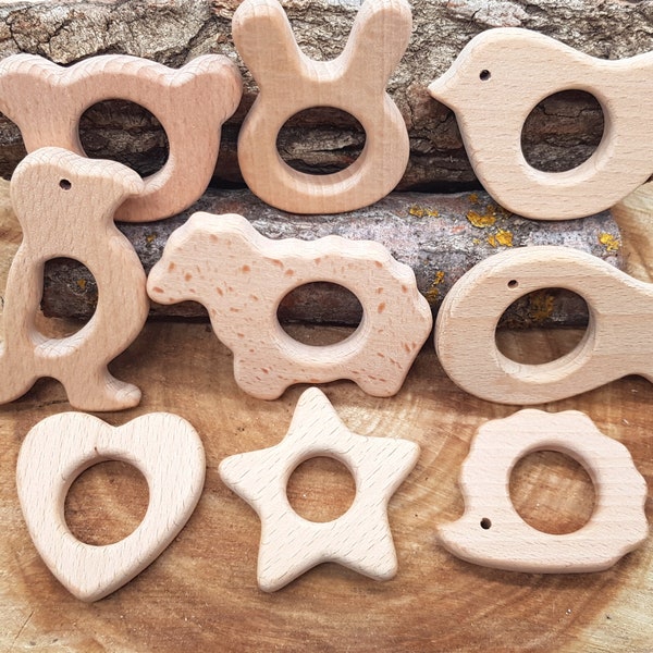 Animal Shape Wooden Teether Natural Unfinished Beech Wood Teether Baby