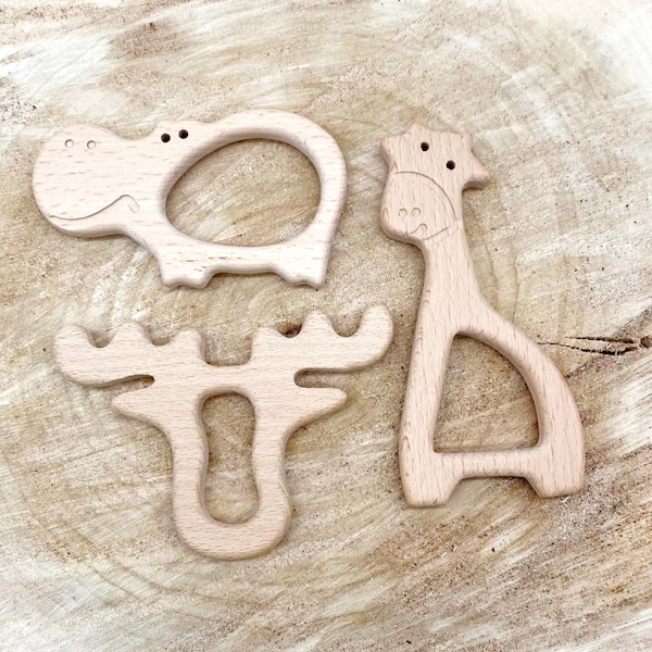 Animal wooden teether unfinished beech wood giraffe shape hippopotamus shape beech wood figure natural