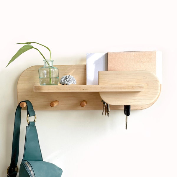 Hardwood Maple Entryway Organizer, Wall Mount Coat Rack with Shelf, Key Holder, Mail Organizer, Entryway Organization for Home Decor