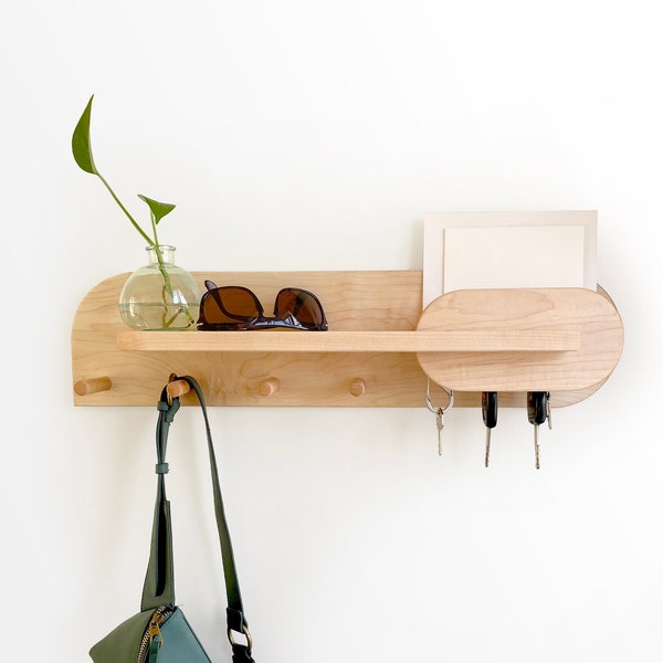 Grande organizzazione per ingresso, portachiavi, appendiabiti da parete con ripiano, organizer per posta, organizer per ingresso in legno esotico per l'arredamento della casa