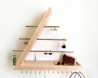 Maple Jewelry Organizer, Hardwood, Wall Mount floating Jewelry Holder for Necklace Earring, Bracelet and Ring, Gift for Her