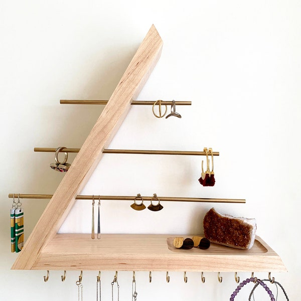 Maple Jewelry Organizer, Hardwood, Wall Mount floating Jewelry Holder for Necklace Earring, Bracelet and Ring, Gift for Her