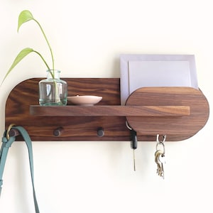 Organización de entrada, soporte para llaves, perchero de pared con estante, organizador de correo, organizador de entrada de nogal exótico para decoración del hogar