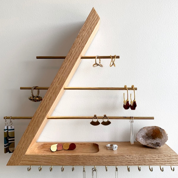 Smyckesadressing i vit ek – Väggmonterad halsbandshållare i massivt trä, örhänges- och ringdisplay, minimalistisk flytande hylla, present till henne