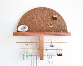 Mahogany Wall Mount Jewelry Organizer, Cork Board & Brass Rods, Handmade in LA